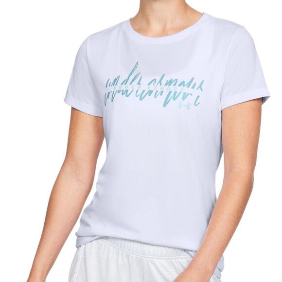 Under Armour Tech Script Women's White Blue Crew Short Sleeve Tee Size L - Picture 1 of 6